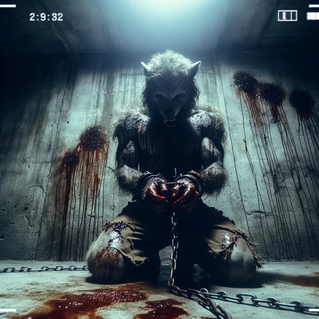 Four Days Left Film poster for Four Days Left — chained werewolf kneeling in a bloodstained cell
