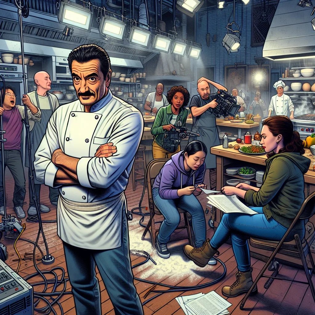 Kitchen Live Illustrated poster for Kitchen Live — a stern chef on a busy studio kitchen set