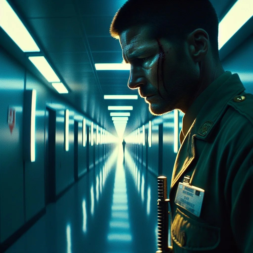 Nightshift Film poster for Nightshift — a wounded security guard in a long fluorescent-lit corridor