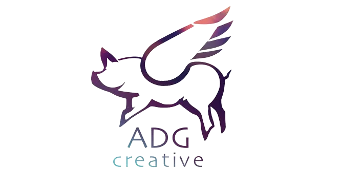 ADG Creative logo featuring a purple winged pig