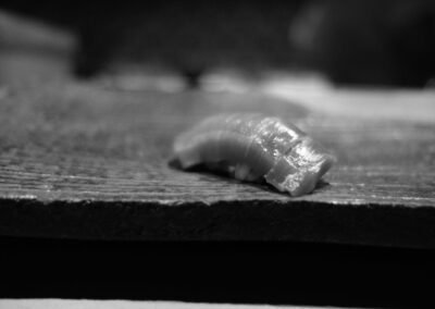 Black and white close-up of a single piece of nigiri on weathered wood