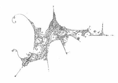 Abstract ink doodle of swirling clusters stretched between thin trailing lines