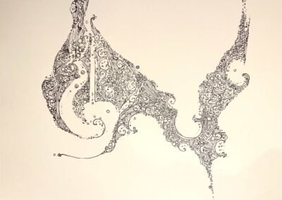 Ink doodle of two ornate swirling masses joined by a curving ribbon