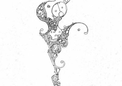 Vertical ink doodle of stacked circles and curls forming a winding column