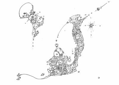 Ink doodle of a crescent-shaped cluster of mechanical swirls and floating stars