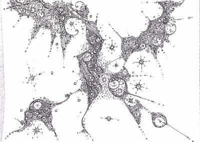 Detailed pen doodle of star clusters linked by dotted lines