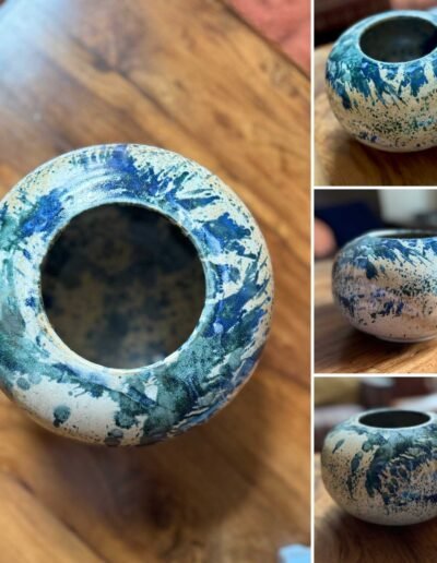 Round ceramic vase with blue and green splatter glaze, seen from four angles